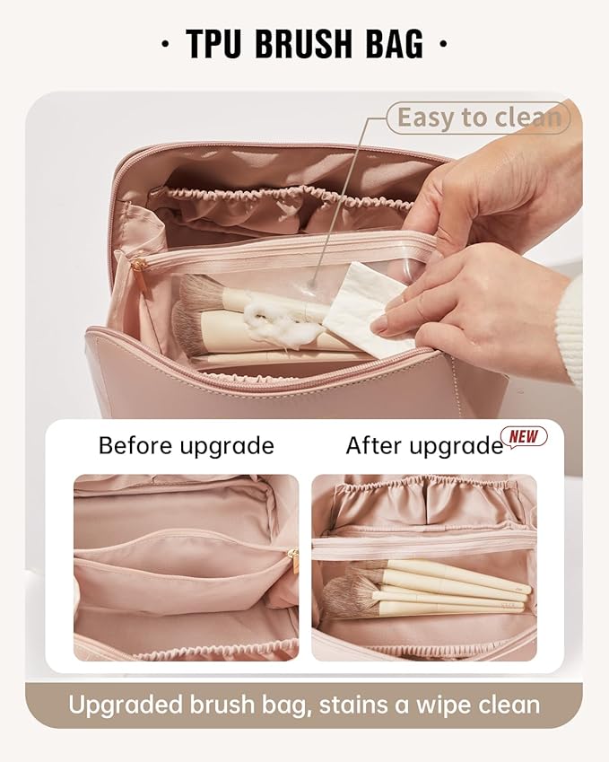 EACHY Travel Makeup Bag, Large Capacity Cosmetic Bag for Women, Waterproof PU Leather, Flat Open Portable Toiletry Bag for Skincare, Brushes & Travel Essentials