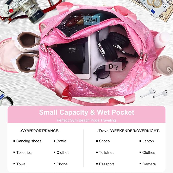 Gym Travel Duffle Bag for Girls - Gymnastics Sports Dance Bag with Shoe Compartment & Wet Pocket Kids Travel Bag Teens Weekender Sleepover Carry On Bag