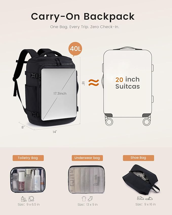 LOVEVOOK Travel Backpack for Women & Men, 40L TSA Approved Carry On Backpack with 3 Packing Cubes, Waterproof Weekender Overnight Bag for 2-4 Day Trips, Business & Travel Essentials, Khaki-Beige