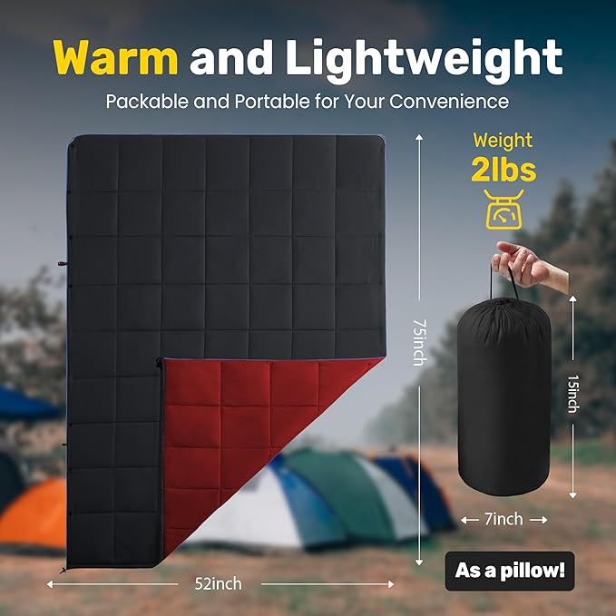 UNIKOME Waterproof Puffy Camping Blanket - Lightweight Packable Outdoor Quilt with Snaps & Corner Loops, Warm Compact Blanket for Cold Weather Hiking Picnic Stadium Travel, 75"×52", Black&Red