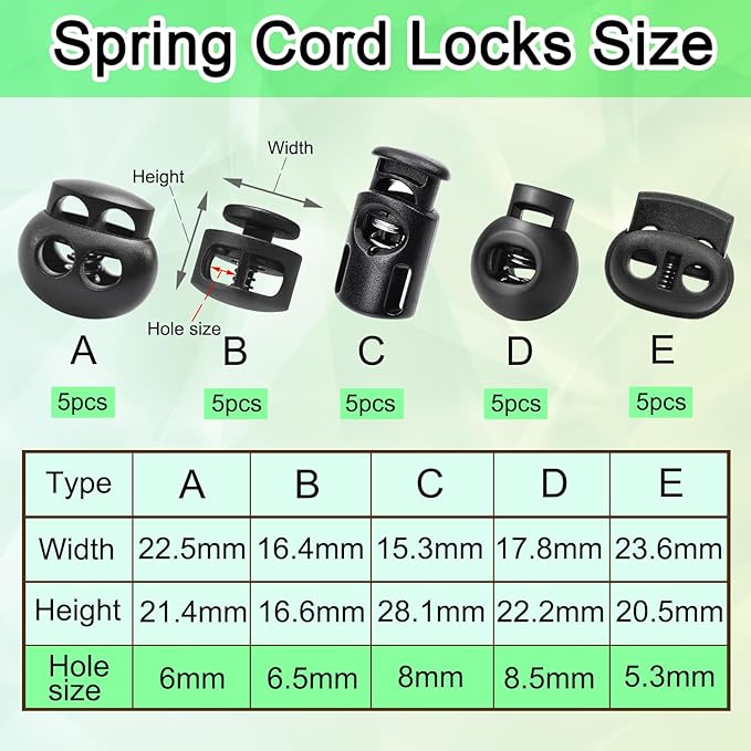 CooBigo 25pcs Plastic Spring Cord Locks for Drawstring, Paracord Toggle Stopper Clasp Elastic Shoeslace Lock Sweatpants Hoodie String Clips Gloves String Lock