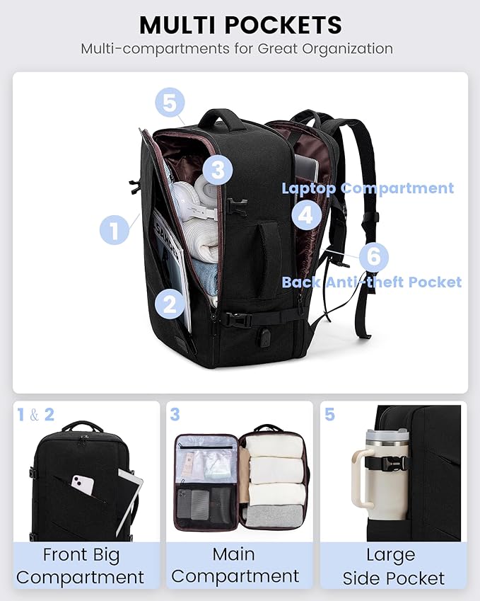 LOVEVOOK Travel Carry on Backpack, Large 40L Personal Item Travel Bag for Men & Women Flight Approved with 3 Packing Cubes, Suitcase Water Resistant Luggage Daypack Business Weekender Bag