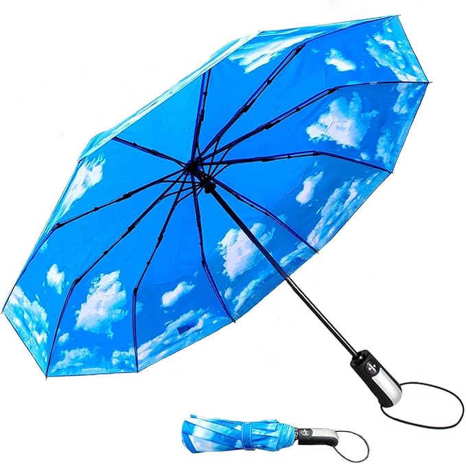 TradMall Travel Umbrella Windproof with 46 Inches Large Canopy 10 Reinforced Fiberglass Ribs Ergonomic Handle Auto Open & Close, Sky Clouds