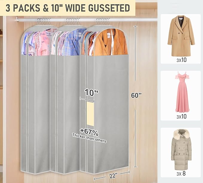 MISSLO 10" Gusseted Garment Bags for Hanging Clothes Storage 60" Dress Bags for Gowns Long Breathable Dress Cover for Closet Storage Coat Protector, 3 Packs, Grey