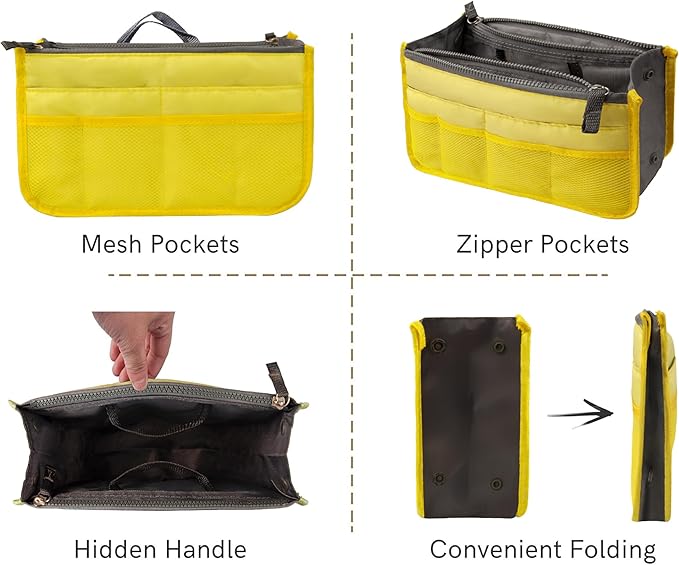 Vercord Purse Organizer Insert for Handbags Bag Organizers Inside Tote Pocketbook Women Nurse Nylon 13 Pockets Yellow Large