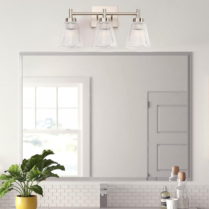 OCIOC Nickel Bathroom Vanity Light 3-Light Bathroom Light Fixtures Over Mirror Vanity Lighting Fixtures with Striped Glass Shade,17inch Modern Vanity Lights for Bathroom Wall Sconce Lights for Bedroom