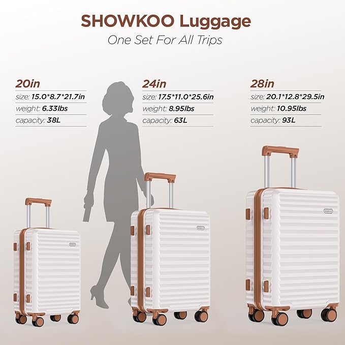 SHOWKOO Luggage Sets 3 Piece Hardside Expandable Suitcase with Double Spinner Wheels Tsa Lock Beige White (20in/24in/28)