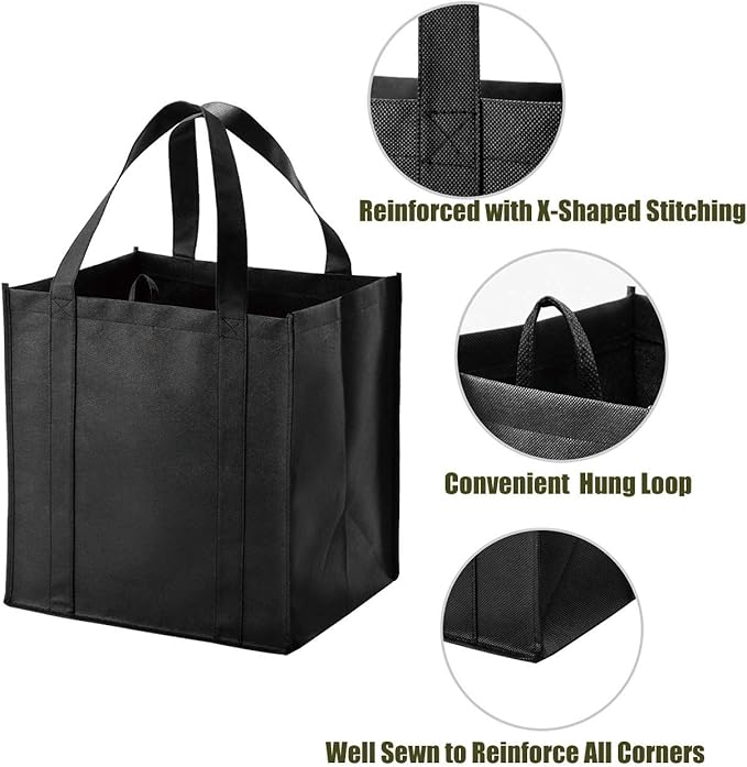 NERUB 10 Pack Reusable Reinforced Handle Grocery Bags - Heavy Duty Large Shopping Totes with Thick Plastic Bottom can hold 40 lbs