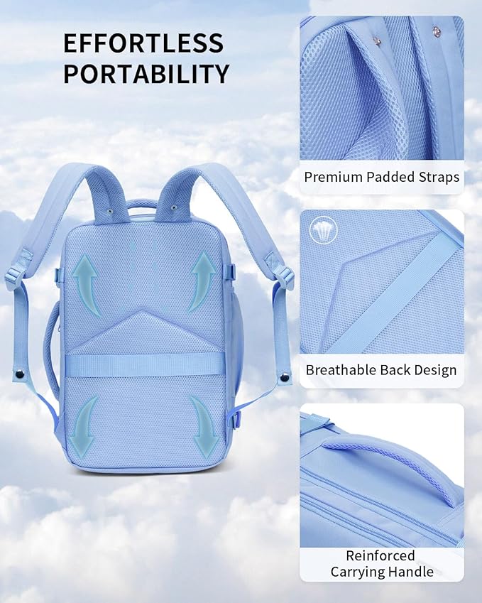 ECOHUB 17" Small Travel Backpack, United Airlines Personal Item Bag 17x10x9 with 16 Pockets, Water Resistant Rucksacks Fit 15.6" Laptop, AirTag Pocket, Lightweight Casual Daypack, 25L, Light Blue