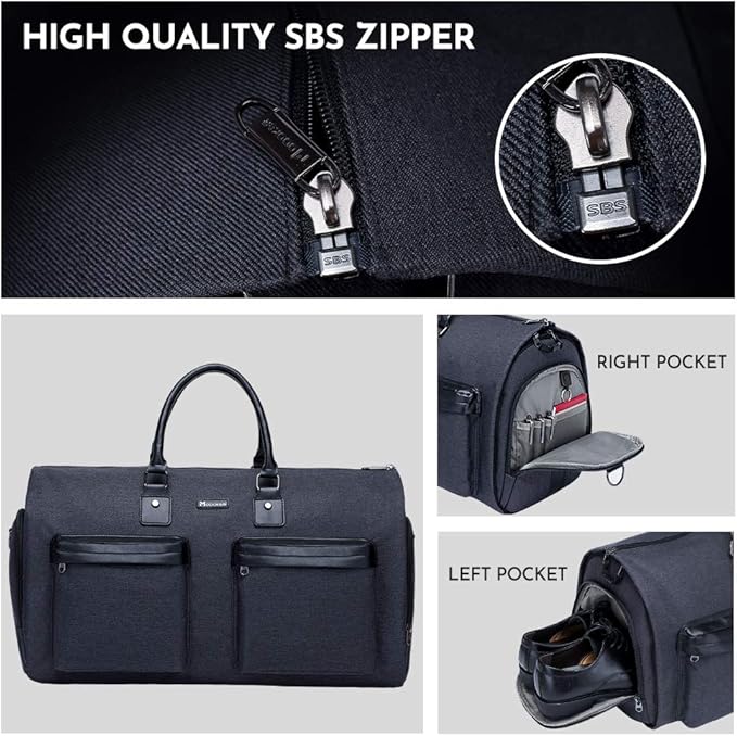 Modoker Convertible Garment Bag with Shoulder Strap, Carry on Garment Duffel Bag for Men Women - 2 in 1 Hanging Suitcase Suit Travel Bags, Jet Black