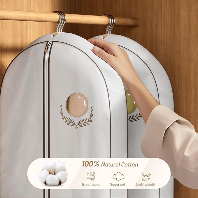 MISSLO 40" Cotton Garment Bags for Hanging Clothes Breathable Suit Cover Luxury Hanging Clothes Storage Foldable Coat Covers for Closet & Travel for Jacket, Shirt, Dress
