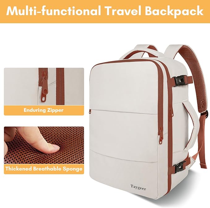 Taygeer Backpack for Women, College Backpack with Laptop Compartment & Shoe Pouch, 40l Travel Laptop Mochila Carry On Luggage, Airline Approved Personal Item Bag for Weekender Gym Hiking, Khaki White