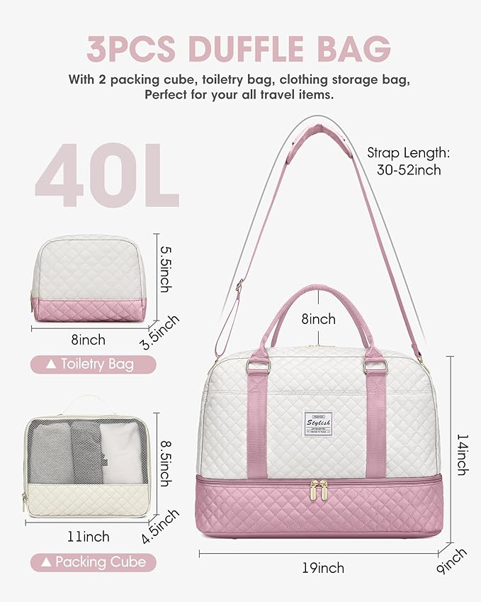 Travel Duffle Weekender Bags for Women: Carry On Bagswith Shoe Compartment Overnight Bag with Toiletry & Wet Pocket Large Tote Hospital for Women Labor Delivery Beige Pink