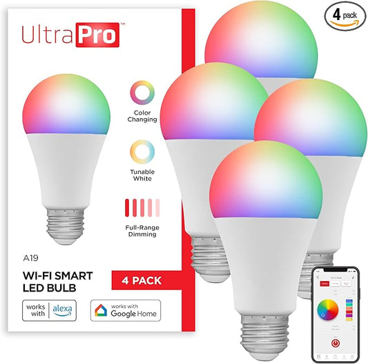 UltraPro Wi-Fi LED Smart Light Bulb, A19, 60W Equivalent, RGB, Color Changing, White Select Tunable 2700K - 6500K, Dimmable, 2.4GHz Router Required, Circadian Rhythm, Easy-to-Use App, 4 Pack, 51454