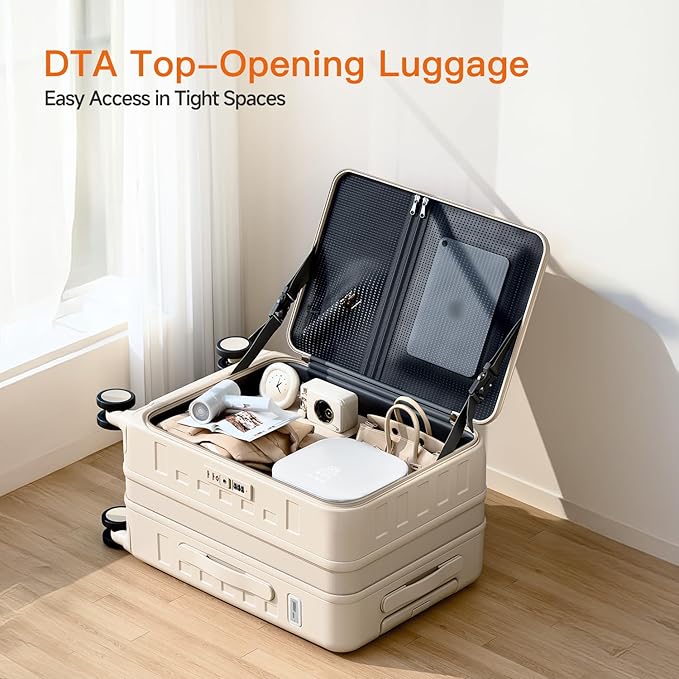 Top Opening Expandable Lightweight PC Hard Shell Suitcase, 20 Inch Carry On Luggage with TSA Lock, 360 Silent Spinner Wheels, Cup Holder, Ideal for Business Travel Suitcase (Beige)