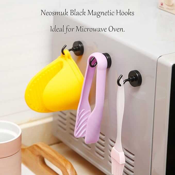 Neosmuk Magnetic Hooks,Heavy Duty Earth Magnets with Hook for Refrigerator, Extra Strong Cruise Hook for Hanging, Magnetic Hanger for Curtain, Grill(Matte Black, 6 Pack)