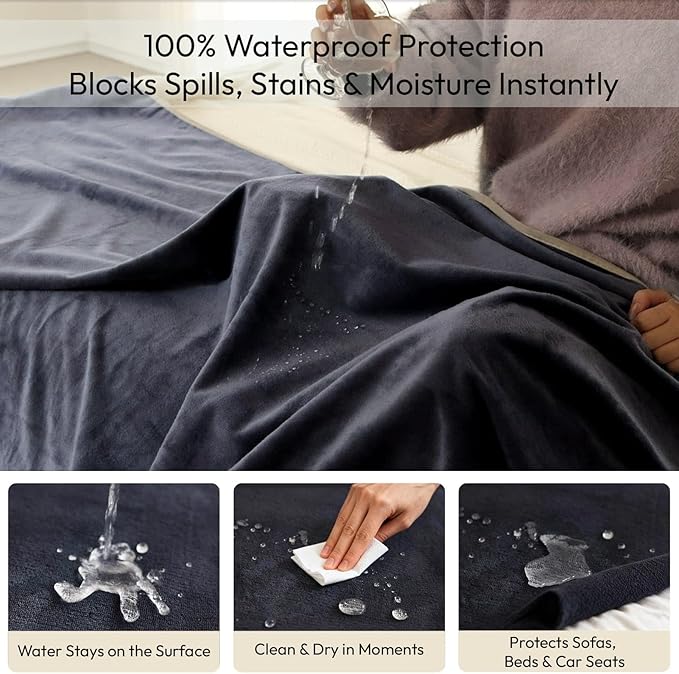 NANPIPER 100% Waterproof Blanket for Couch, Reversible Fleece Love Blanket, Spill-Proof Dog Throw for Camping, Navy/Light Beige 60x80 inches