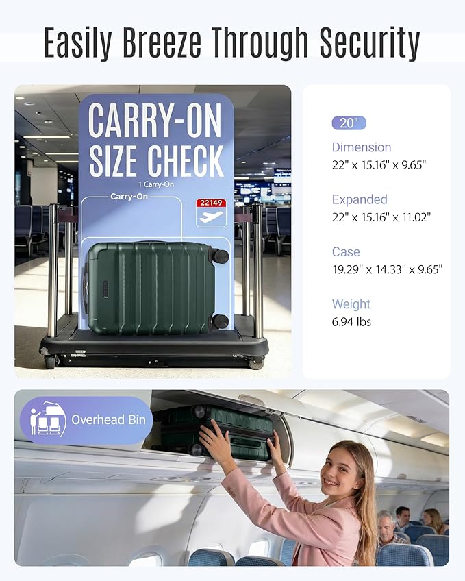 LIGHT FLIGHT Carry On Luggage 22x14x9 Airline Approved, Expandable Carry On Suitcases with Wheels, Lightweight Luggage, Durable Hard Shell 20 Inch Rolling Suit Case for Men Women Travel, Deep Green