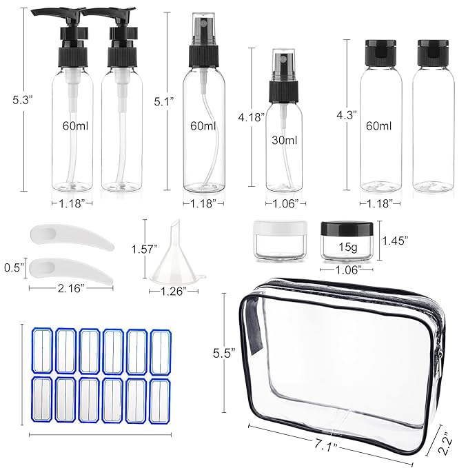 Cosywell Travel Size Bottles for Toiletries 15 Pack 2oz TSA Approved Toiletry Bottles Leak Proof Travel Kit for Women Men TSA Clear Toiletry Bag Shampoo Lotion Skincare Cosmetic Container(Black)