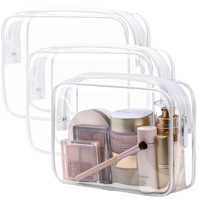 PACKISM TSA Approved Toiletry Bag - Clear Makeup Bag 3 Pack Medium, Metal Smooth Zipper Quart Size Bag for 3-1-1 Liquids, Travel Makeup Bag for Women Men, Airport Airline Compliant Bag, White