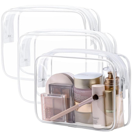 PACKISM TSA Approved Toiletry Bag - Clear Makeup Bag 3 Pack Medium, Metal Smooth Zipper Quart Size Bag for 3-1-1 Liquids, Travel Makeup Bag for Women Men, Airport Airline Compliant Bag, White