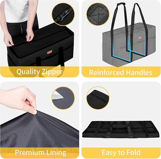 LHZK Stand Up Extra Large Utility Tote Bag with Lid, Utility Tote Bag with Metal Wire Frame and the Sides Rinforced, Reusable Grocery Bags Foldable, Beach Bag, Car Tote (Black)