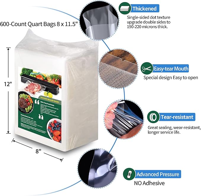 600 Vacuum Sealer Bags For Food 8x12 Inch, BPA Free Quart Freezer Sealed Bags, Compatible with All Heat Vacuum Sealers Machine, Heavy Duty, Ideal for vac storage, Meal Prep or Sous Vide