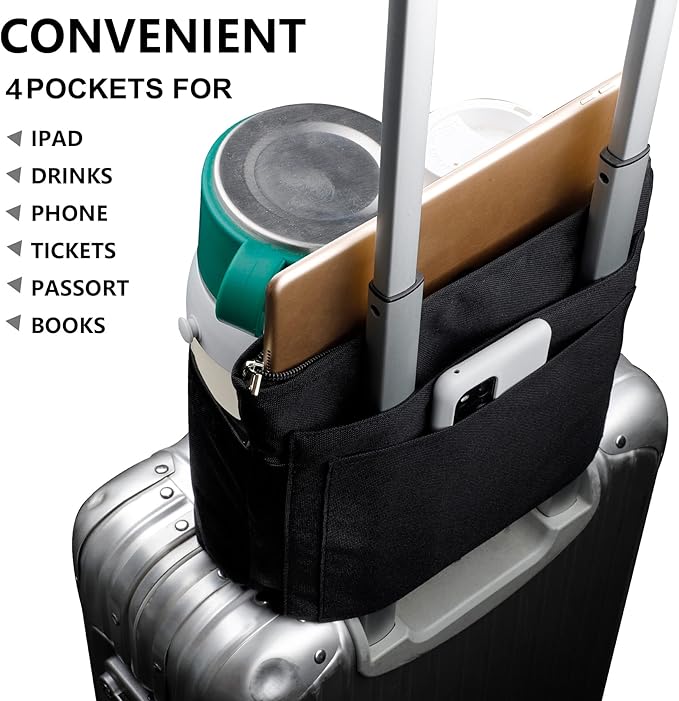 riemot Luggage Travel Cup Tablet Holder - Hold Ipad Books Passports Tickets Water Bottles - Fits Roll on Suitcase Handles - Gifts for Flight Attendants Travelers Accessories Black