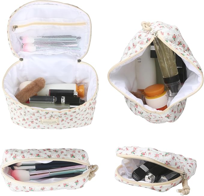 Cute Makeup Bag for Women(2 Pcs), Travel Cosmetic Bags, Quilted Coquette Aesthetic Floral Toiletry Organizer Bag (42 - Red Rose/4PCS)