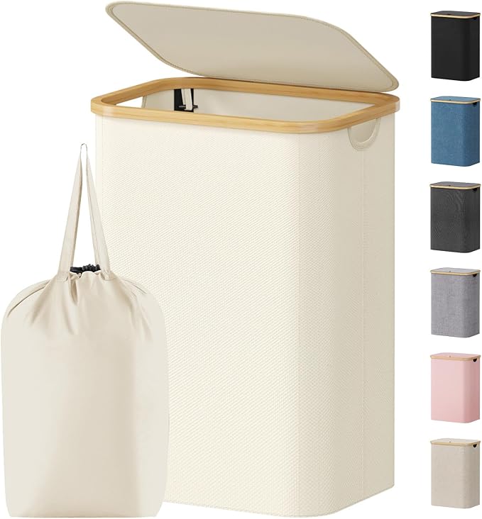 Lifewit 80L Laundry Basket with Lid, Clothes Hampers for Laundry with Bamboo Handles and 1 Removable Bag, Large Foldable Laundry Hamper for Bedroom, Bathroom, Dorm, Laundry Room, White
