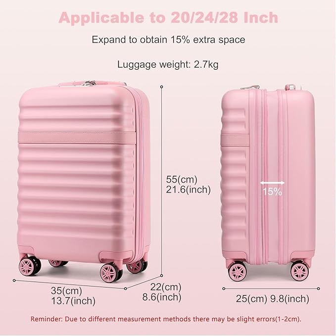 Kono Airline Approved Carry On Luggage, 22x14x9 inches, with TSA Lock, 20 Inch Expandable Lightweight Hardshell Suitcase (Pink, Suitable for 1-3 Days of Travel)