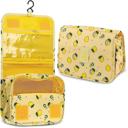 Foldable Hanging Travel Toiletry Bag,Waterproof Portable Travel Bags, Multifunction Travel Makeup Cosmetic Bag Organizer with Hanging Hook (Yellow Lemon)