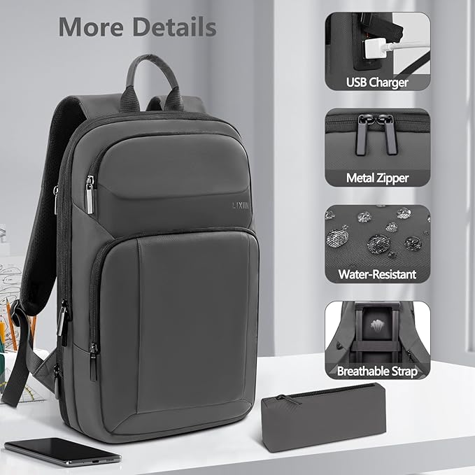 Backpack for Men Slim & Expandable Travel Laptop Backpack with USB Charging Port Water Resistant Anti-Theft Business Backpack Fits 17.3In Laptop for Commute Work College with Small Bag (Simple Gray)
