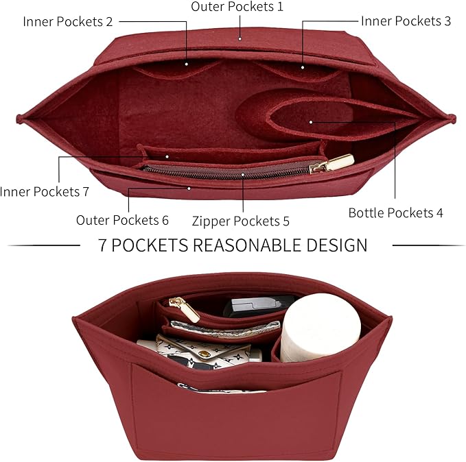 LOUKAYCCI Felt Purse Organizer Insert for Longchamp Le Pliage M Handbag Insert (Vine Red, Medium)