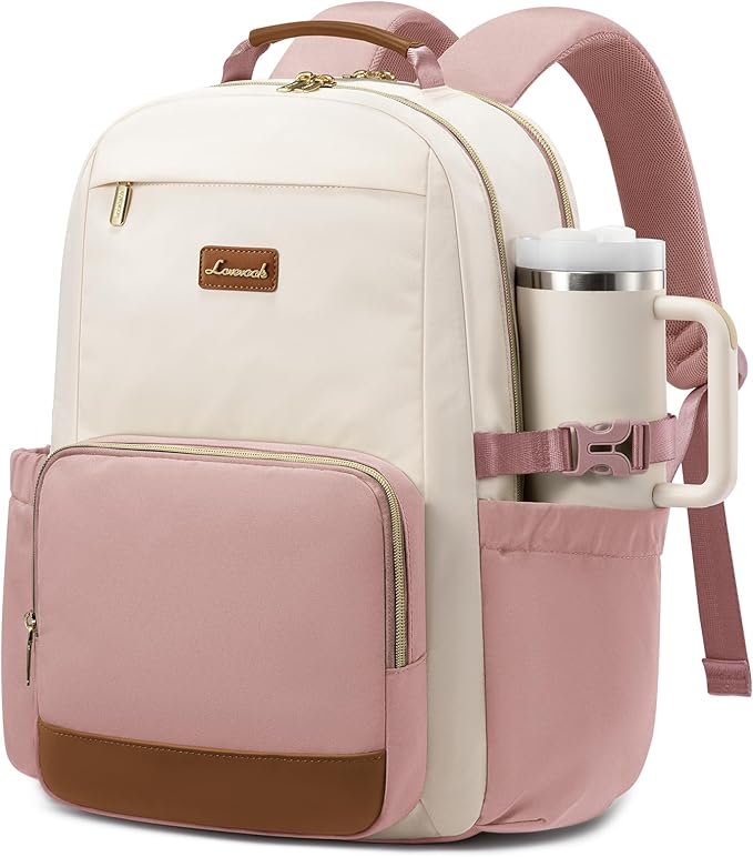 LOVEVOOK Laptop Backpack for Women with Pouch Pocket for Large Capacity Cup,15.6 Inch Teacher Nurse College Work Backpack Purse,Waterproof Laptop Bag Computer Back Pack for Travel, Beige-Pink-Brown