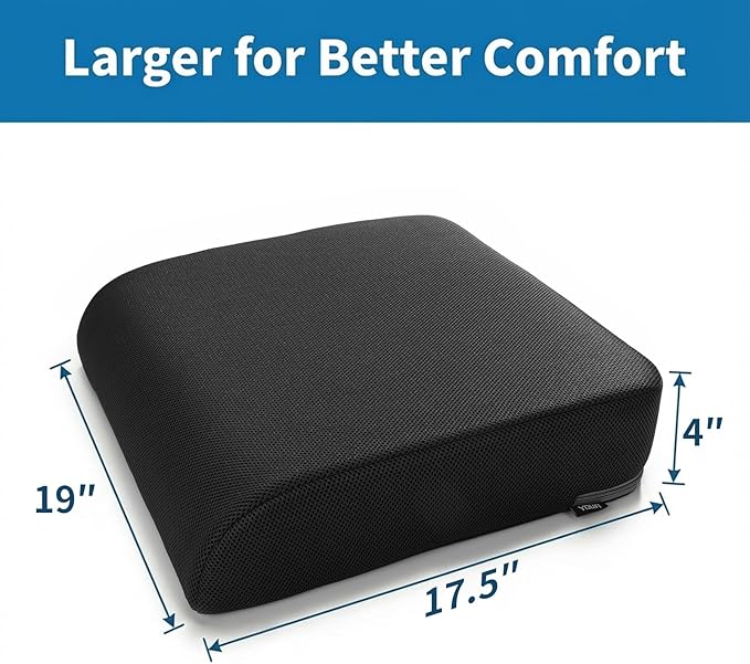 YOUFI Extra Thick Large Seat Cushion -19 X 17.5 X 4 Inch Gel Memory Foam Cushion with Carry Handle Non Slip Bottom - Pain Relief Coccyx Cushion for Wheelchair Office Chair (Black (1PACK))