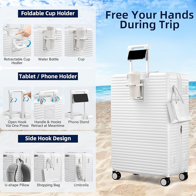 HanTrip Hard Shell Expandable Luggage Sets 2 Piece with Spinner Wheels Cup Holder, Top Opening Lightweight Luggage Rolling Suitcase with Lock, Carry On And Checked Luggage Set 2 Piece (White, 20/28)