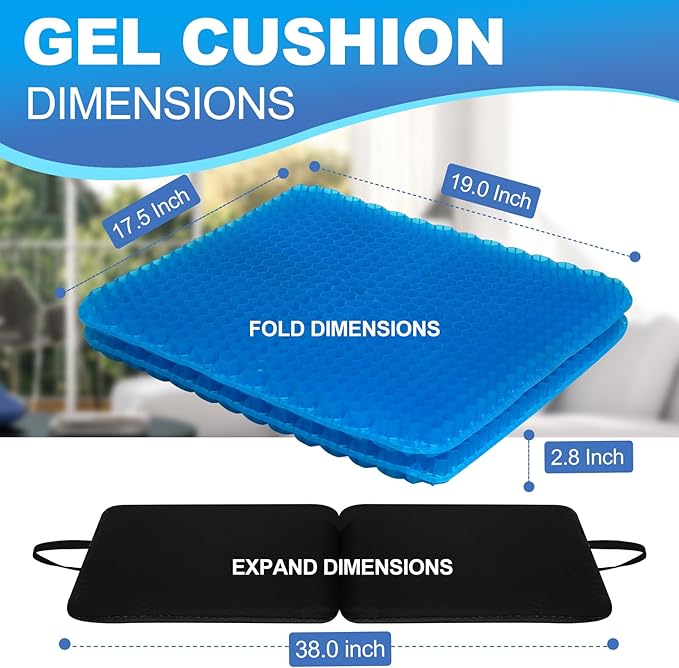 Gel Seat Cushion for Long Sitting-Two Sizes Gel Cushion(Thick＆Large)19"x17.5"x2.8"/38"x17.5"x1.4"(Fold/Expand), Pressure Relief Cushion for Office Chair, Egg Cushions for Wheelchair, Gel Pad for Car