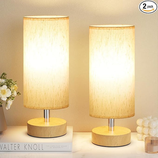 Table Lamps Set of 2 （Cream Shade - Wood Base, 11.6" Inline Control） | Bulb not Included | Small Lamps for Bedroom | Desk Lamp for Reading | for Living Room | for Dorm | Linen Shade