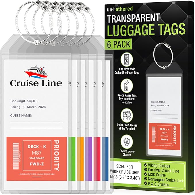 Untethered Cruise Luggage Tag Holders (6 Pack, Wide) | Clear Luggage Tags for Cruise Ships | Durable PVC Travel Bag ID Tags (6.3" x 3.5")