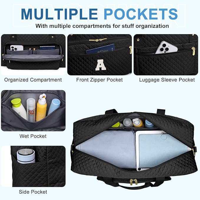 Initial Travel Duffle Bags for Women - Personalized Weekender Bag with Shoe Compartment Overnight Bags with Toiletry Bag Hospital Bag for Women Birthday Gifts for Mom Wife Friends Black (Letter A)