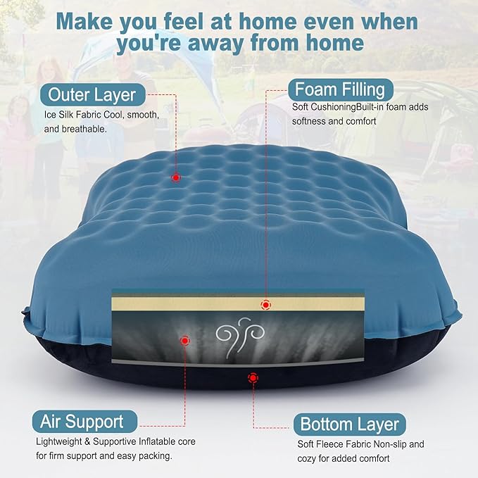 Camping Pillow with Ice Silk Memory Foam Cover - Ultralight Inflatable Pillow for Camping Lightweight, Ergonomic and Washable for Camping, Hiking, and Travel Blue