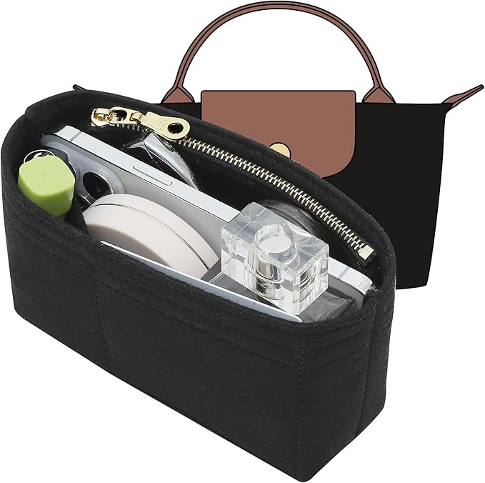 Small Purse Organizer Insert Compatible with Longchamp Mini LePliage Xtra/Original/Green XS Pouch, Felt Handbag Organizer Divider Shaper Inner with Zipper, Black/XS