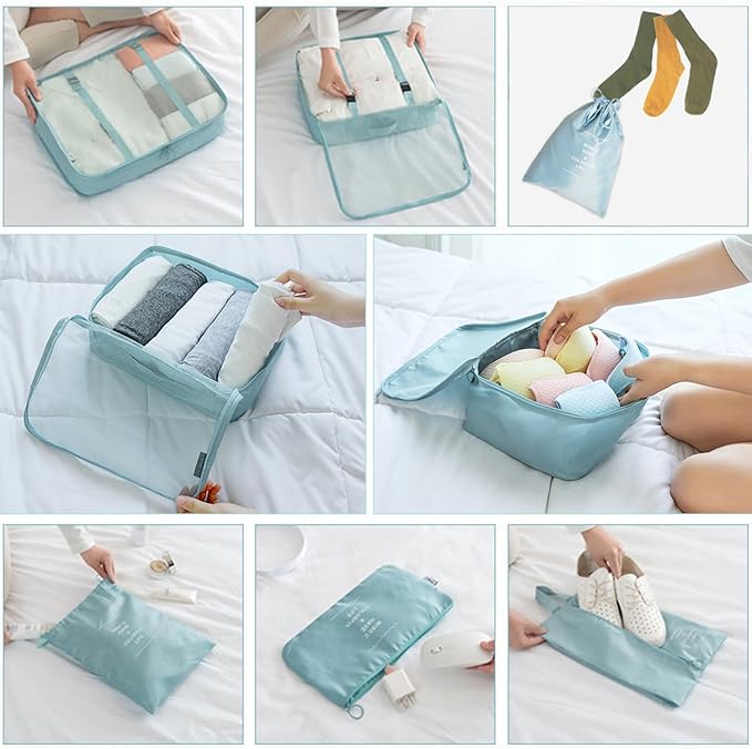 8 Pieces Mesh Packing Cubes for Travel, Luggage Packing Organizers Bags Set, Travel Essentials Suitcases Accessories with Laundry Bag, Storage Shoe Bag, Clothing Underwear Bag (Blue, 8 set)