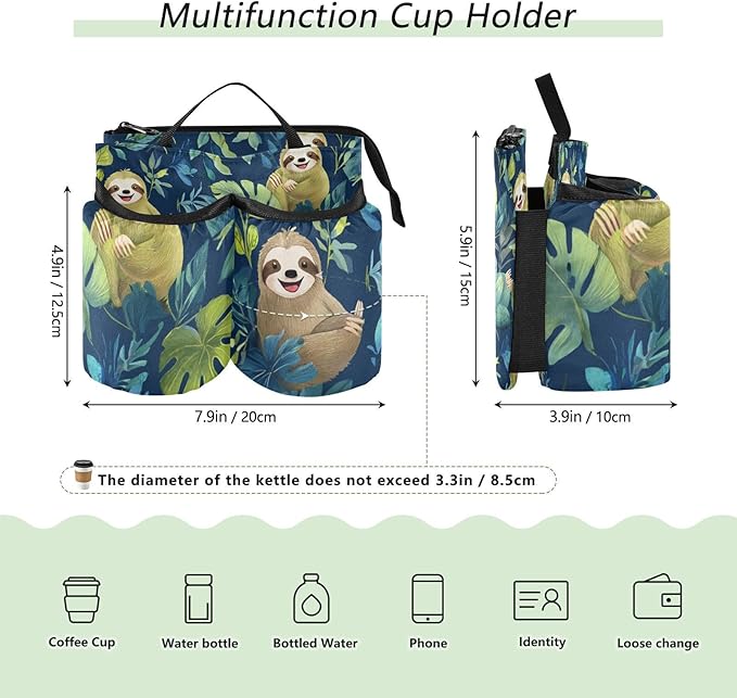 Watercolor Cartoon Sloths Blue Luggage Cup Holder Travel Portable Free Hand Drink Carrier Suitcase Drinks Beverage Holder Carry-On Bottle Mug Holder Organizer Bag Travelers Accessories