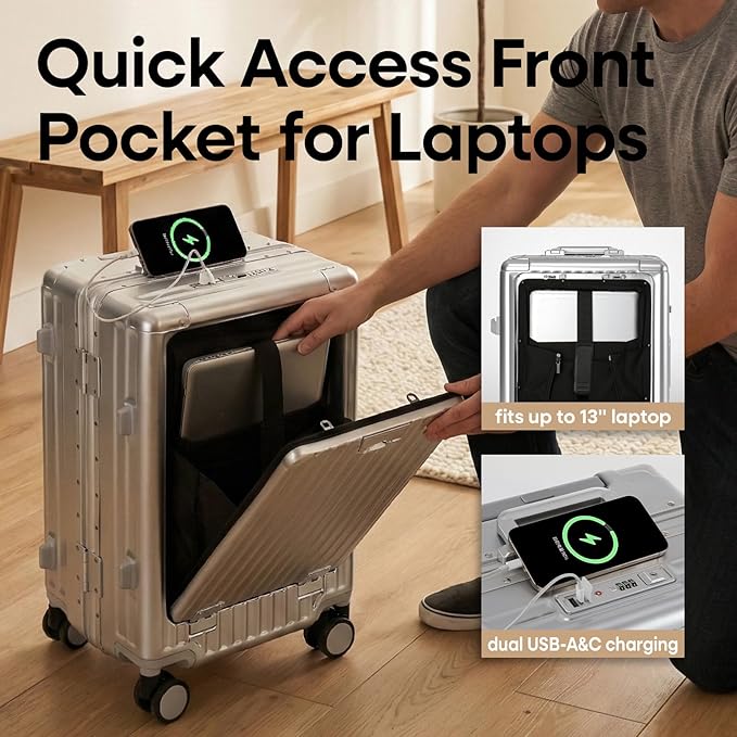 20 Inch Aluminium Frame Carry On Luggage Airline Approved With laptop compartment, Zipperless Hard Shell Travel Suitcase with TSA Approved Cup Holder USB Port Holder for Women Men,Silver