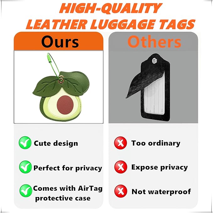 Cute Leather Luggage Tag Holder with Airtag Case Set,Hidden Compartment for AirTag Travel Suitcase Tracking Case with Stainless Steel Loop,Name ID Label(Avocado)