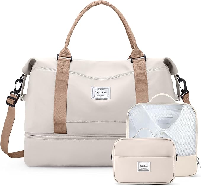 Weekender Bags for Women,Travel Duffle Overnight Bag with Shoe Compartment,Personal Item Carry On Bag,Beige & Brown,Extra Large,3 Pcs Set