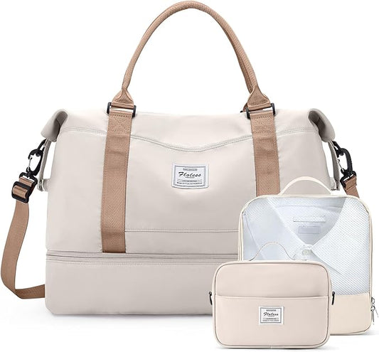 Weekender Bags for Women,Travel Duffle Overnight Bag with Shoe Compartment,Personal Item Carry On Bag,Beige & Brown,Extra Large,3 Pcs Set