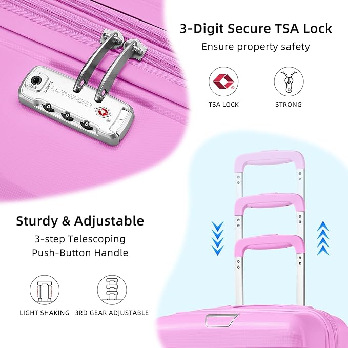 LARVENDER Luggage Sets 3 Piece, Hardside PP Carry On Suitcase with 360° Spinner Wheels TSA Lock Luggage Sets for Women, Neon Pink